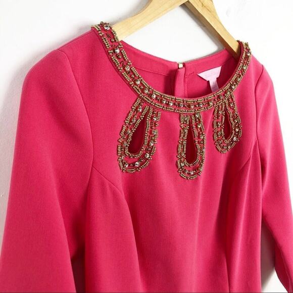 LILLY PULITZER Bronte Beaded Pink Shift Dress 2 Rhinestones Embellished Neckline - Picture 15 of 15